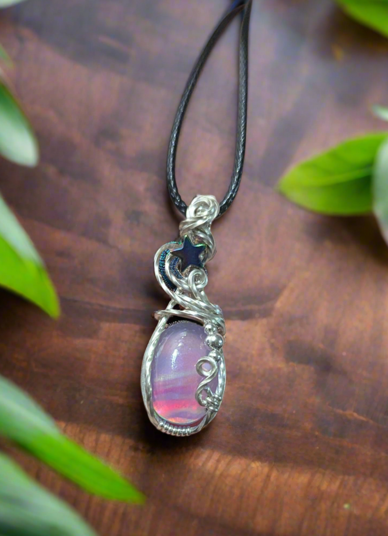 Aurora Opal Starry Pendant - Sterling Silver wire wrapped