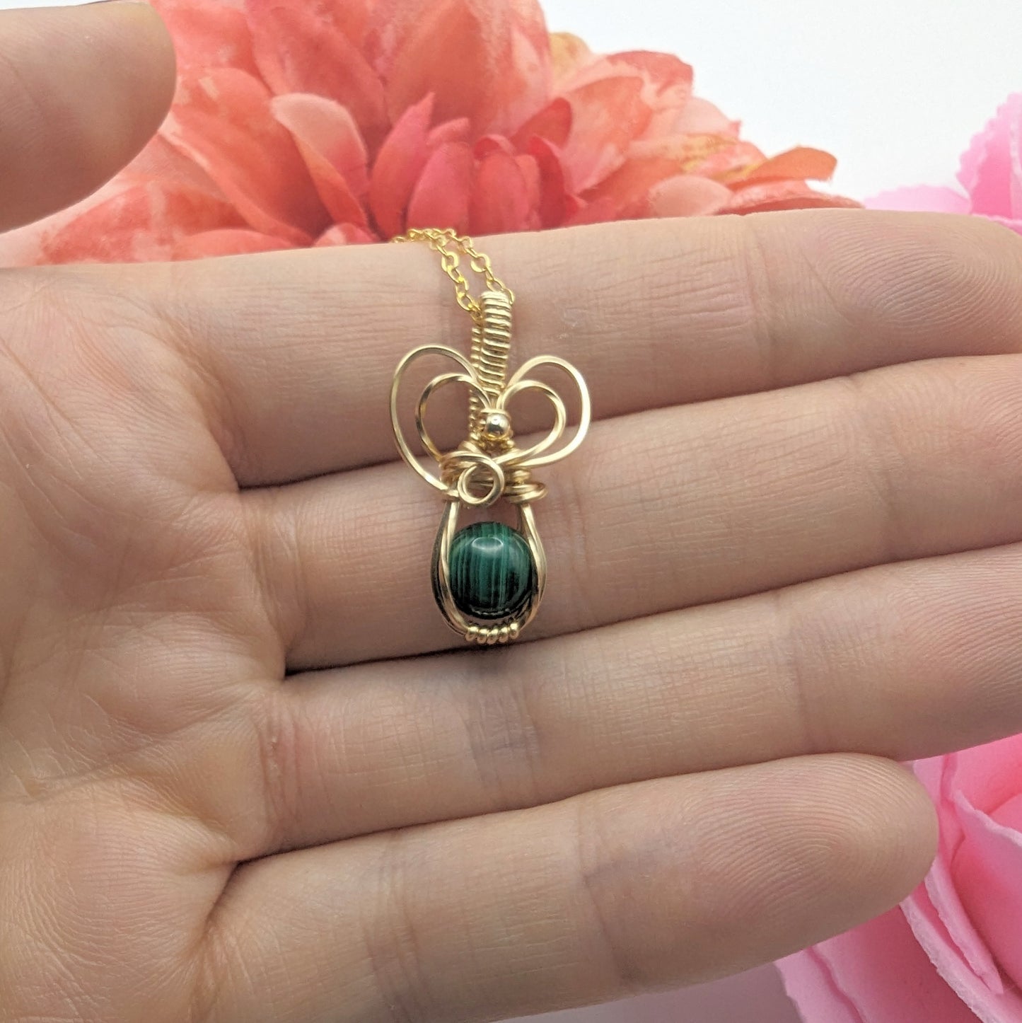Forest Green Malachite Pendant - 14k gold filled wire wrapped