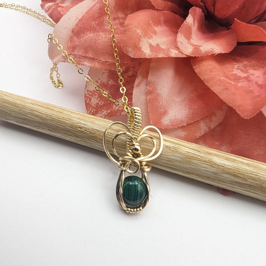 Forest Green Malachite Pendant - 14k gold filled wire wrapped