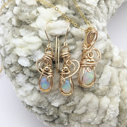 Ethiopian Opal Gold Jewelry Set - 14k gold filled wire wrapped