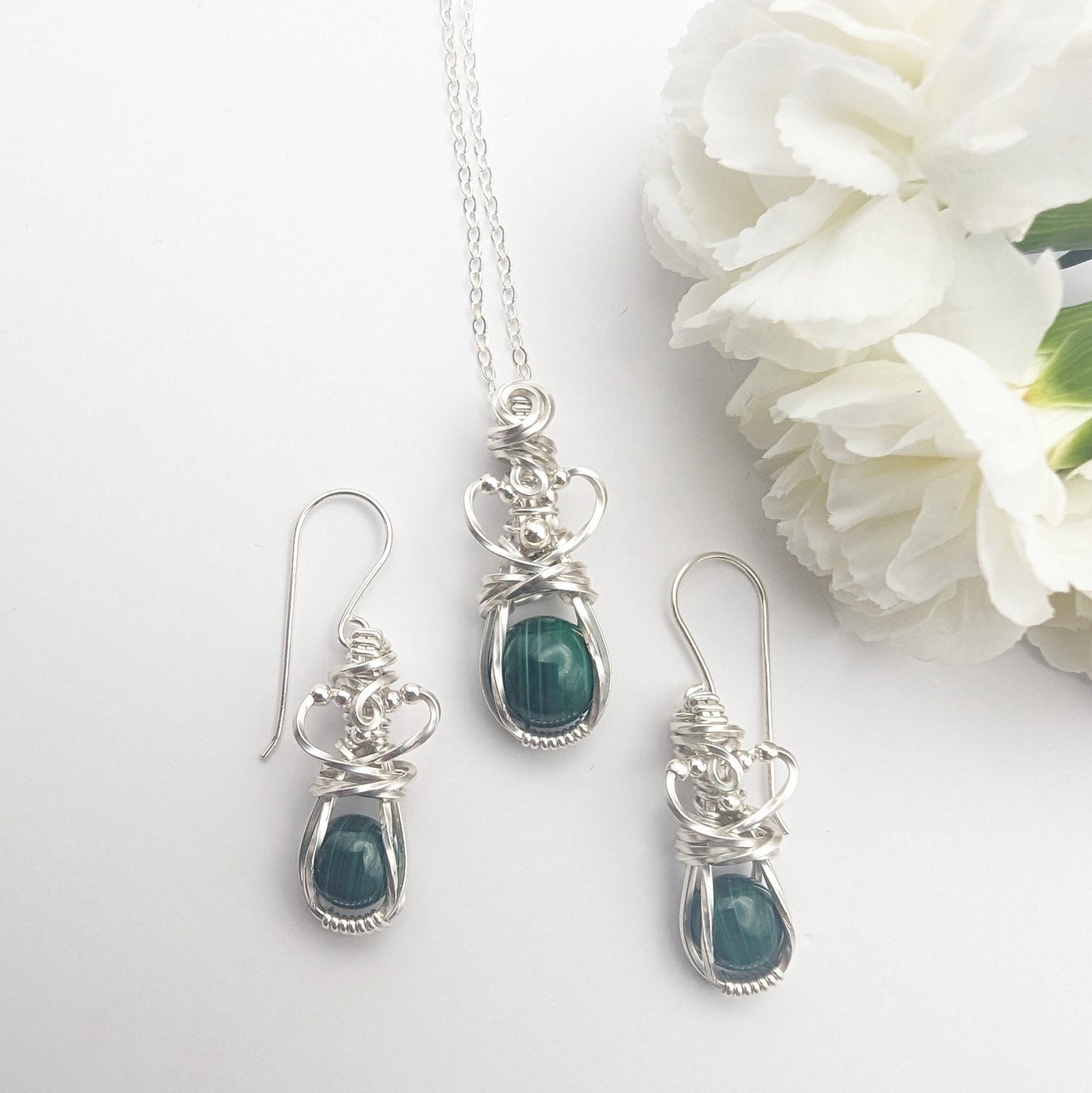 Malachite Silver Princess Jewelry Set - sterling silver wire wrapped