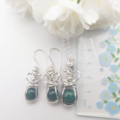 Malachite Silver Princess Jewelry Set - sterling silver wire wrapped