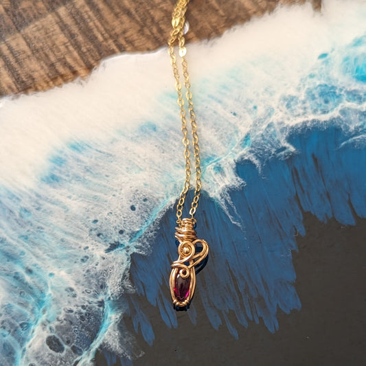 Dainty Ruby Necklace - 14k gold filled wire wrapped