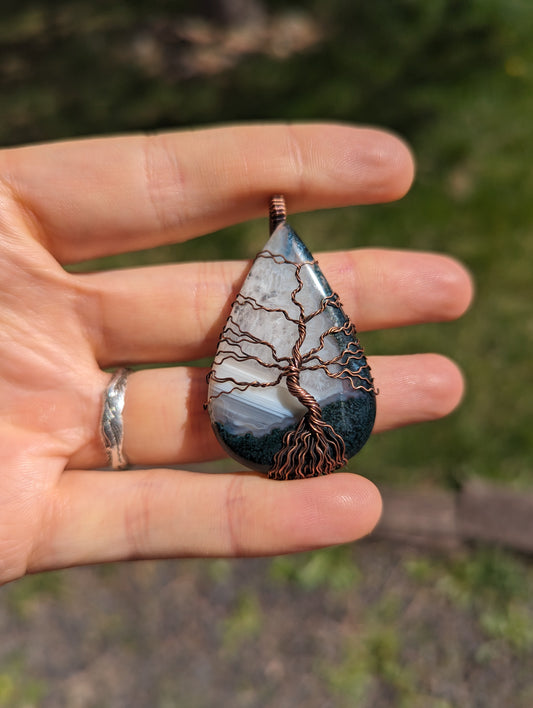 Tree of Life Agate Pendant - copper wire wrapped