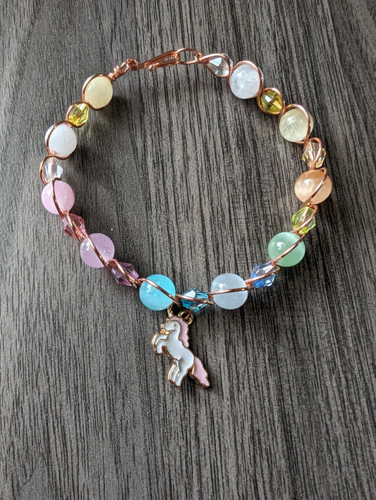 Rainbow Candy Unicorn Bracelet - copper wire wrapped