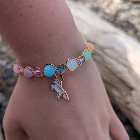 Rainbow Candy Unicorn Bracelet - copper wire wrapped