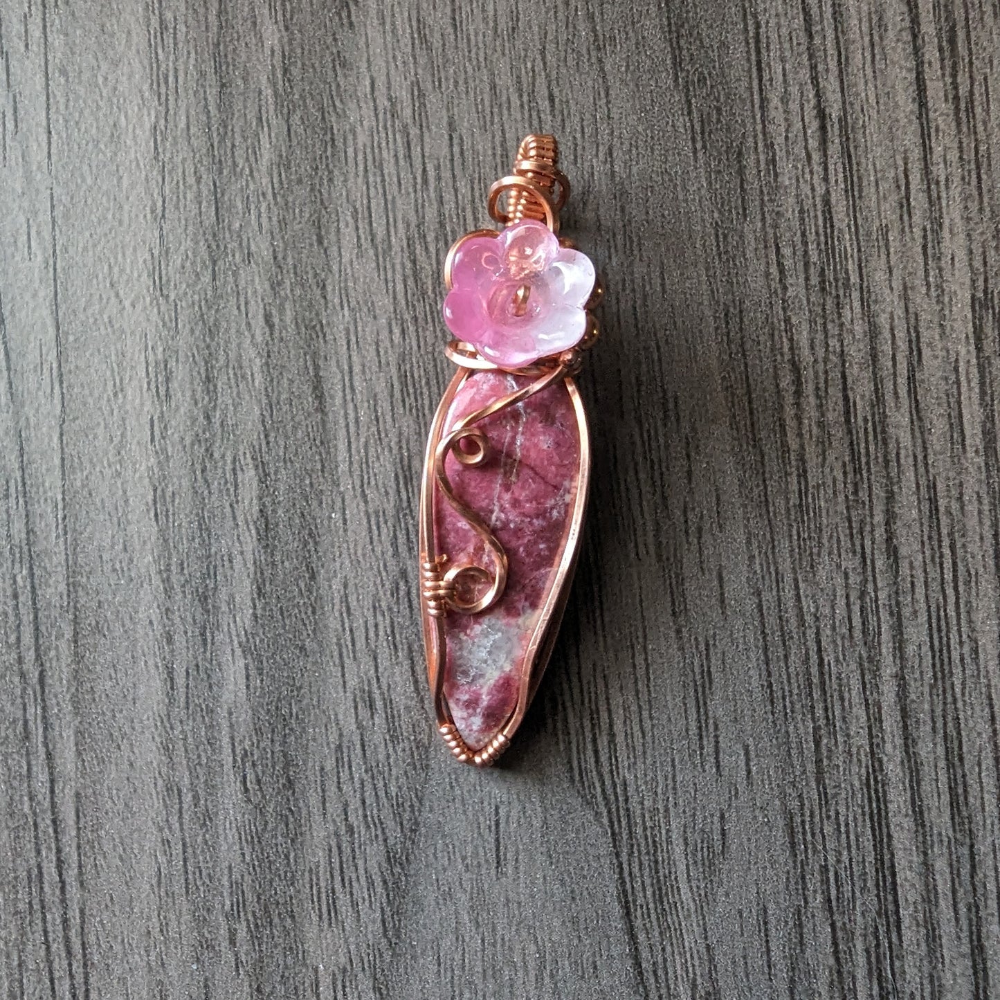 #2 Thulite Flower Pendant - copper wire wrapped