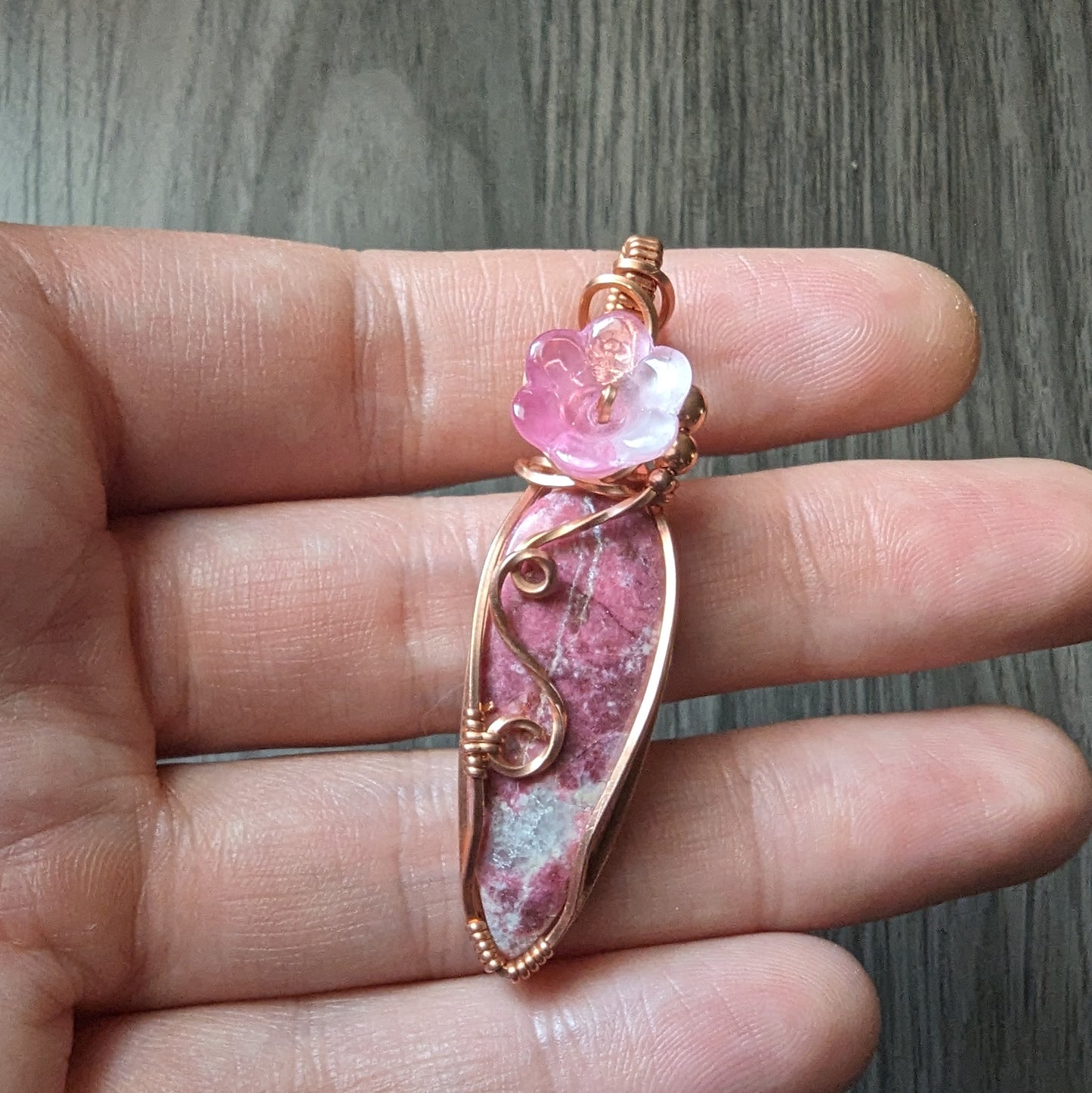 #2 Thulite Flower Pendant - copper wire wrapped