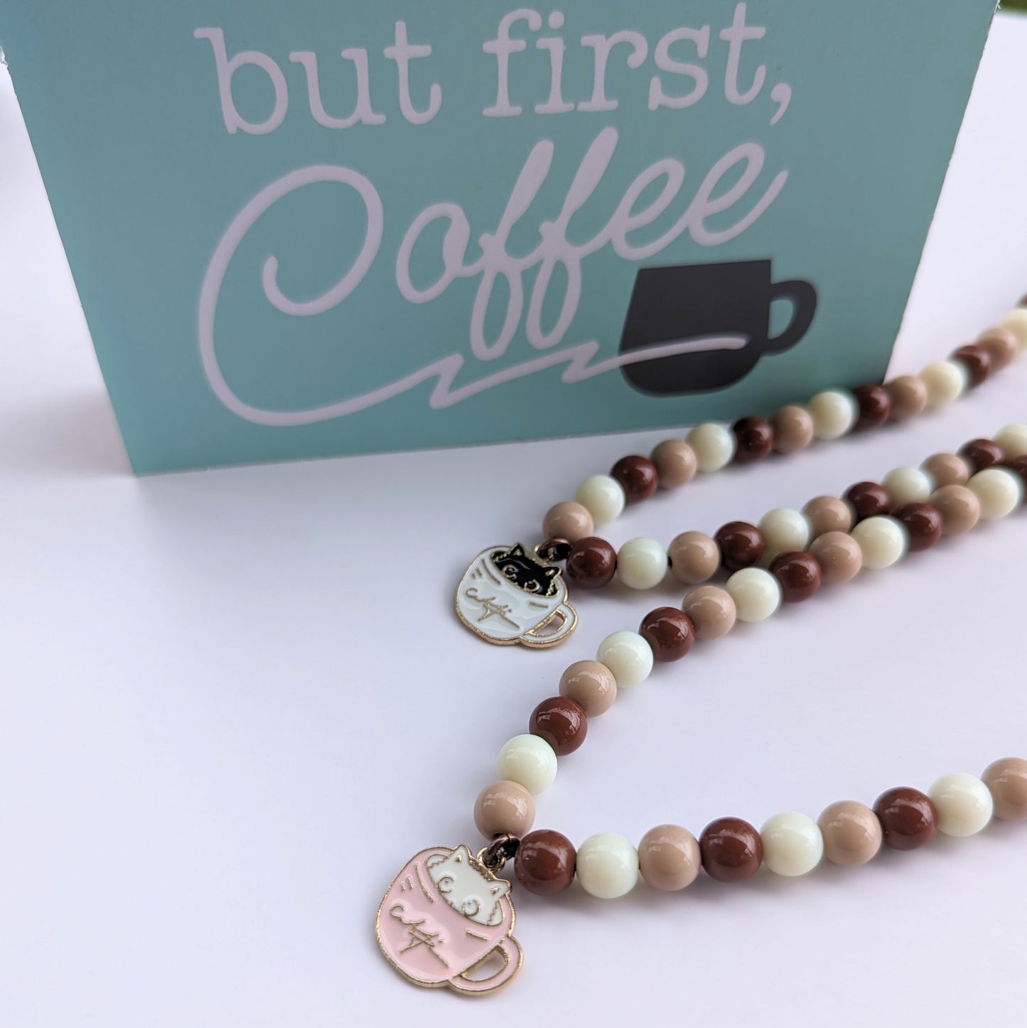 Coffee Cup Cat Beaded Necklace