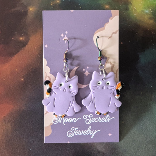 Ghosty Kitty Earrings Purple Sheet Calico cat