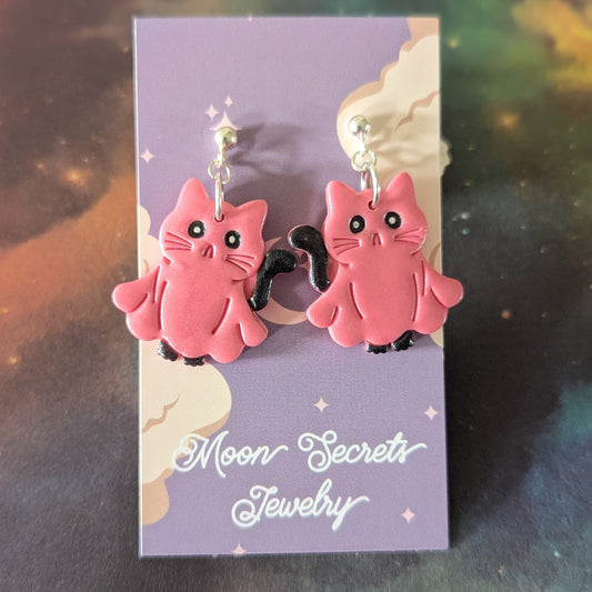 Ghosty Kitty Earrings Pink Sheet Black cat