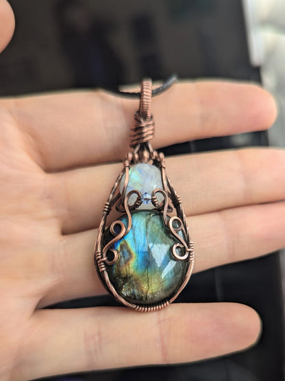 Elven Style Double gemstone pendant, moonstone and labradorite copper wire wrapped