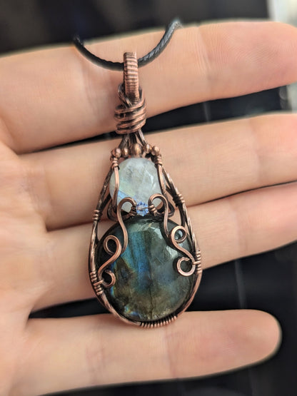 Elven Style Double gemstone pendant, moonstone and labradorite copper wire wrapped