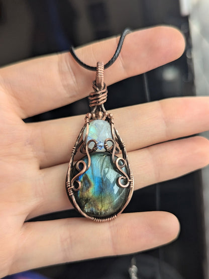 Elven Style Double gemstone pendant, moonstone and labradorite copper wire wrapped