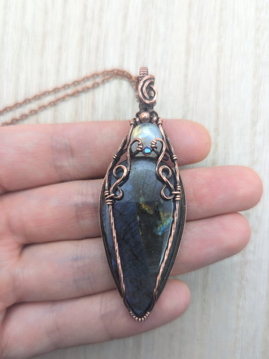 Double gemstone pendant, moonstone and labradorite copper wire wrapped