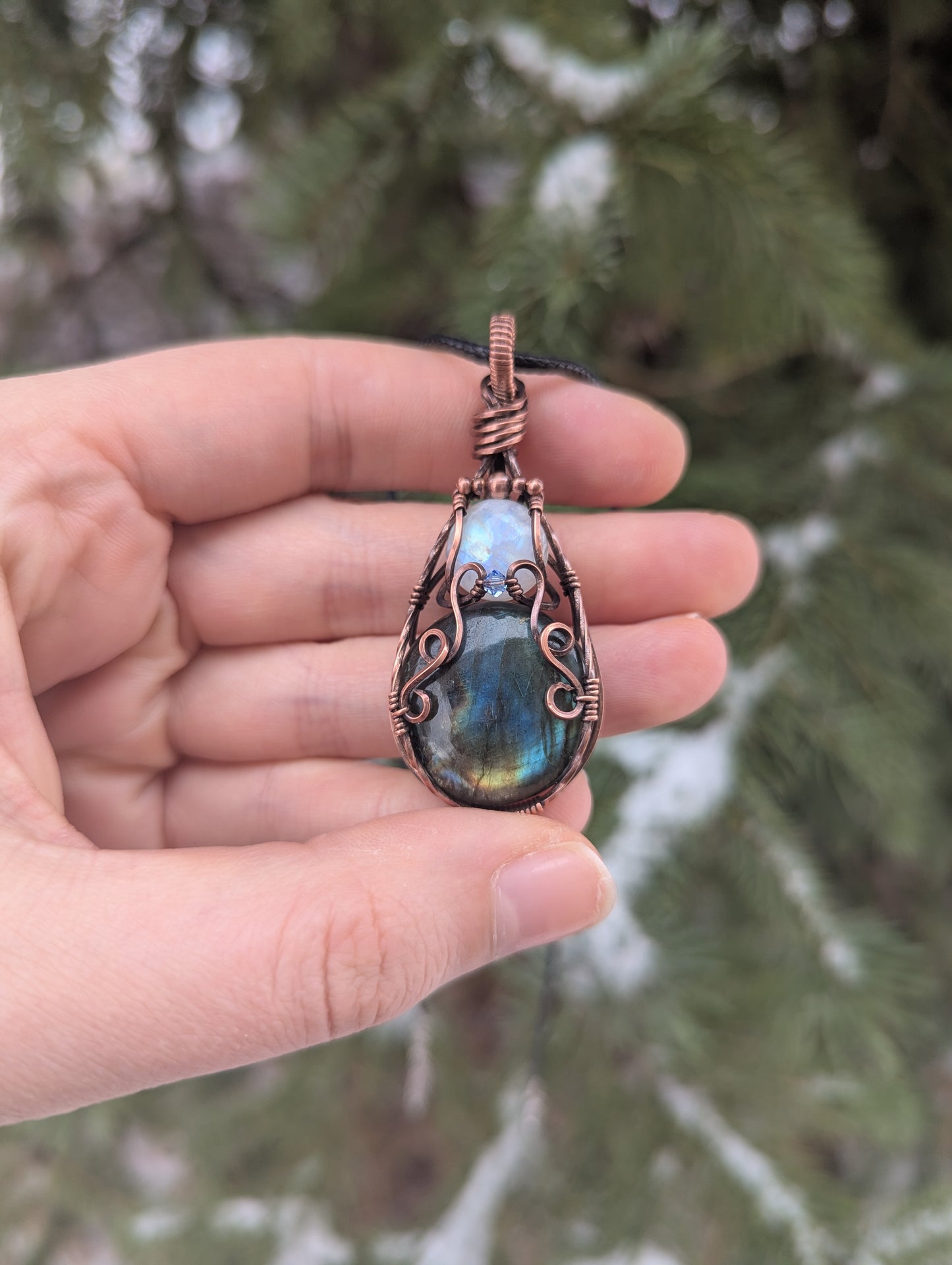 Elven Style Double gemstone pendant, moonstone and labradorite copper wire wrapped