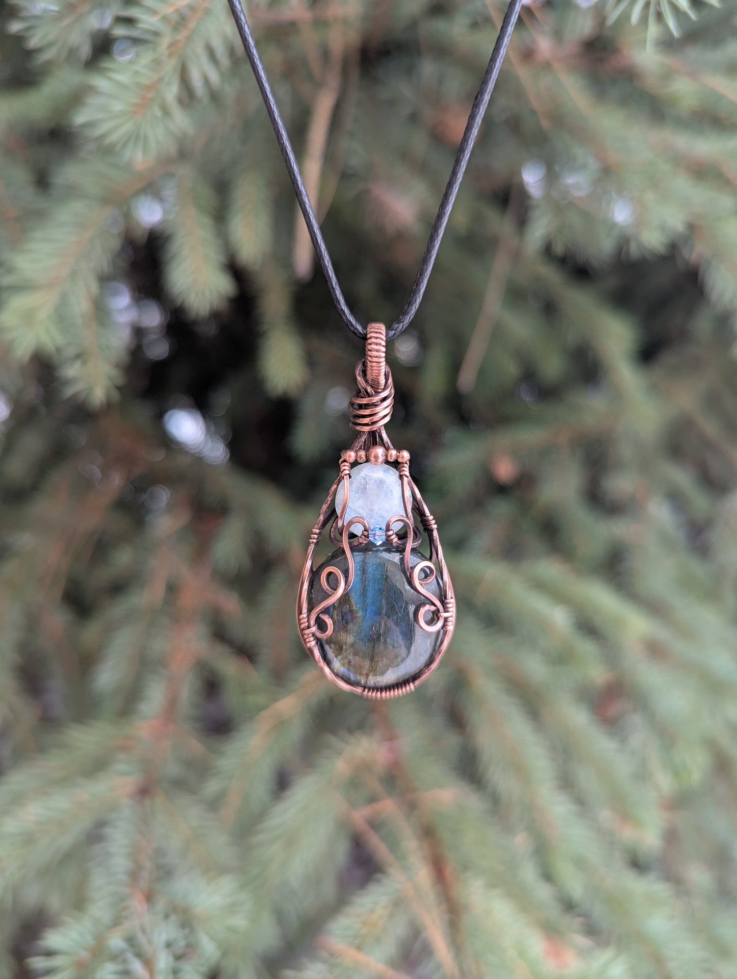 Elven Style Double gemstone pendant, moonstone and labradorite copper wire wrapped