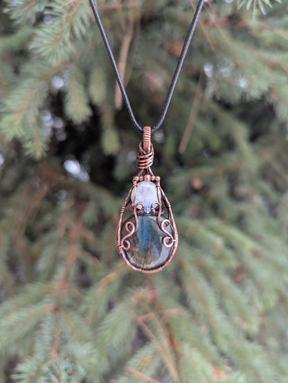 Elven Style Double gemstone pendant, moonstone and labradorite copper wire wrapped