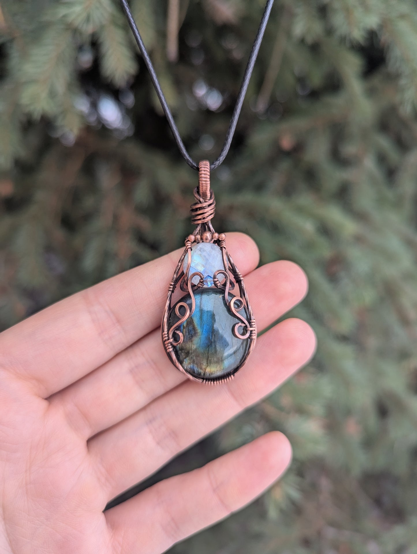 Elven Style Double gemstone pendant, moonstone and labradorite copper wire wrapped