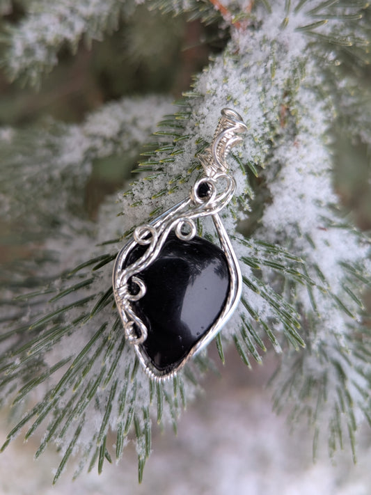 Sterling Silver Onyx Pendant - sterling silver wire wrapped