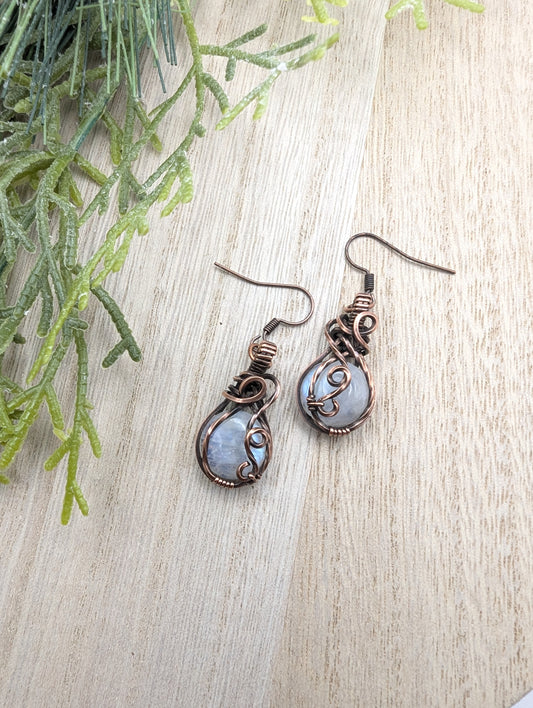 Rainbow Moonstone copper wire wrapped earrings