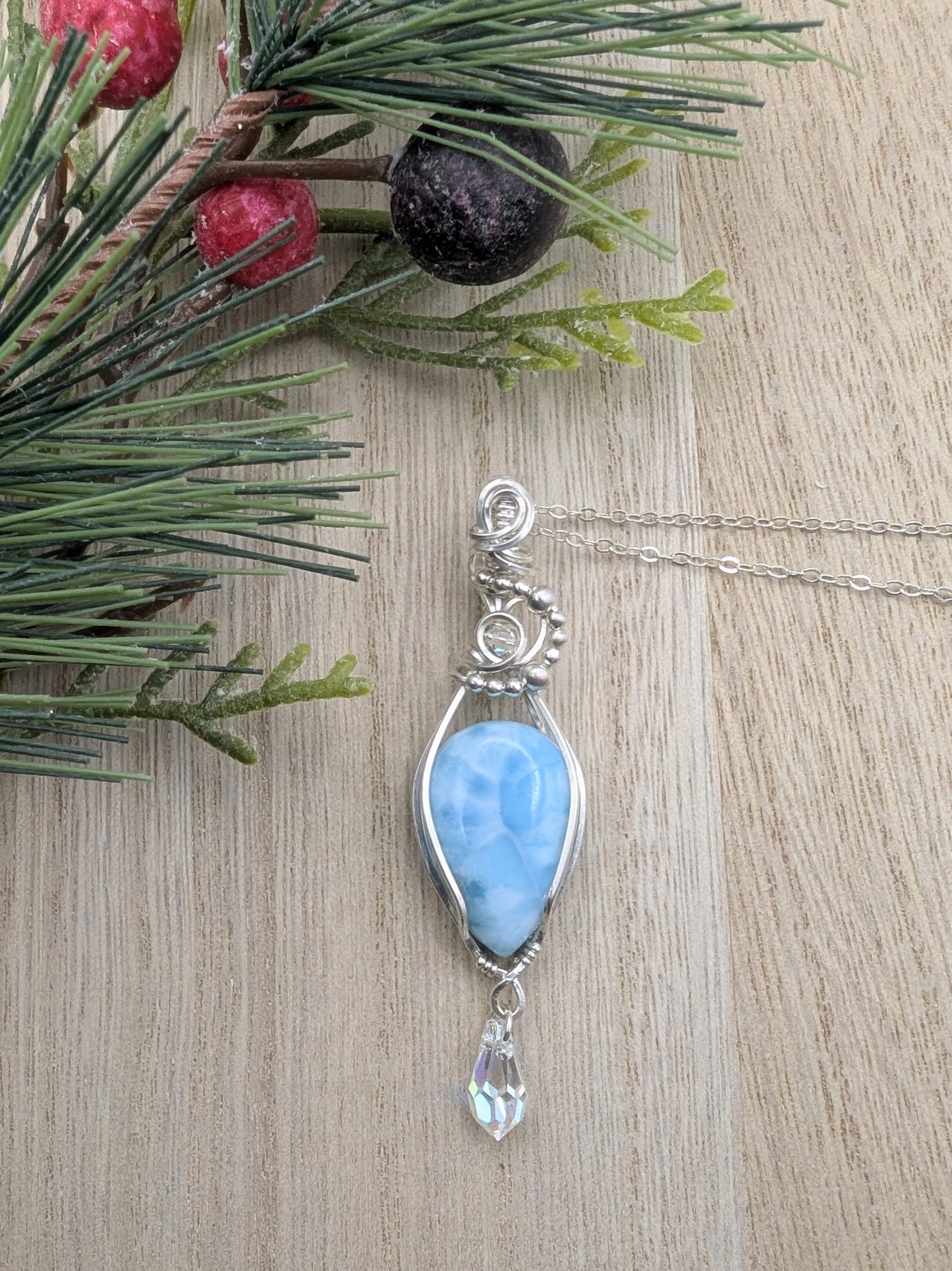 Larimar Raining Crystals Pendant - sterling silver wire wrapped