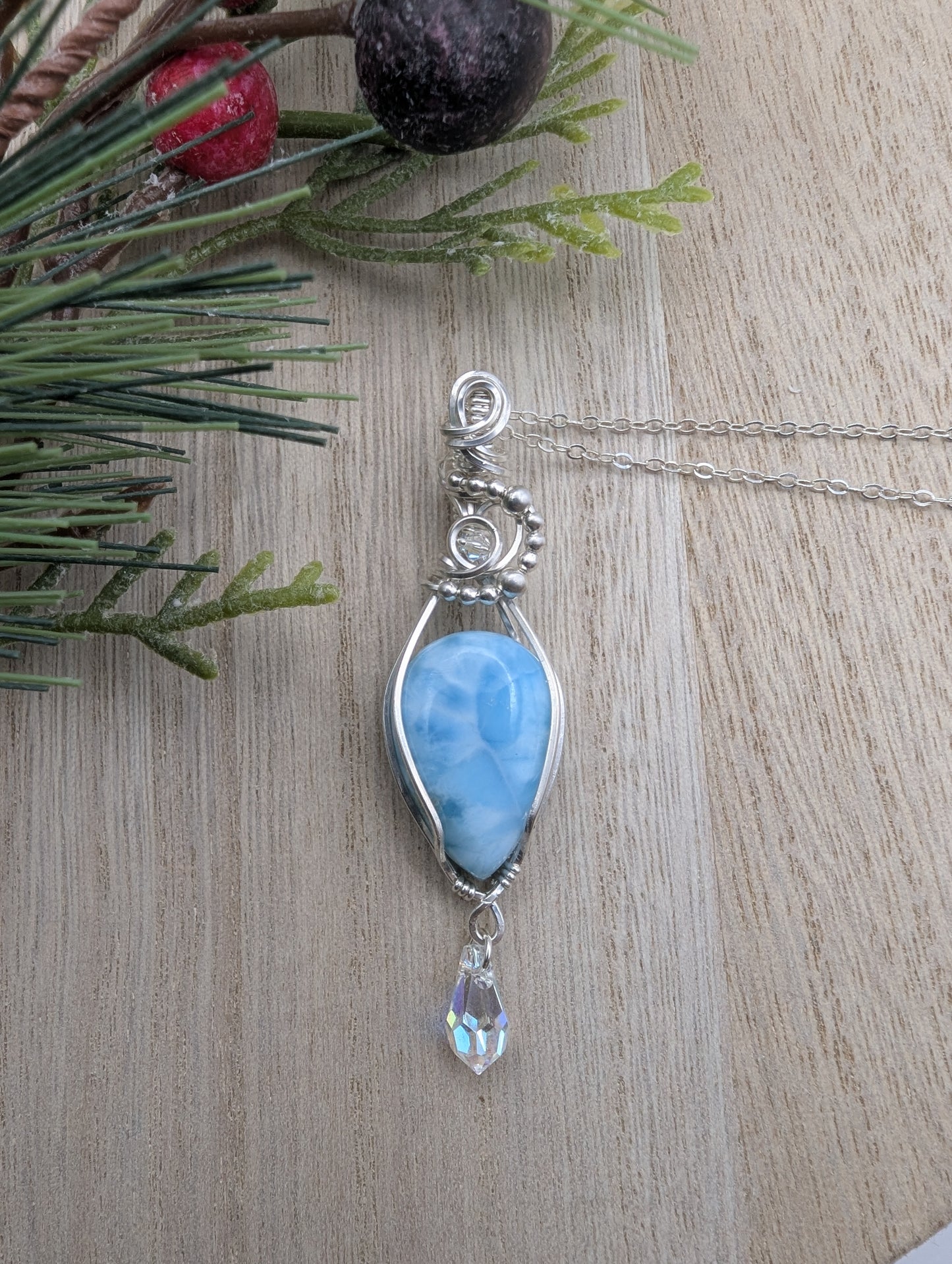 Larimar Raining Crystals Pendant - sterling silver wire wrapped