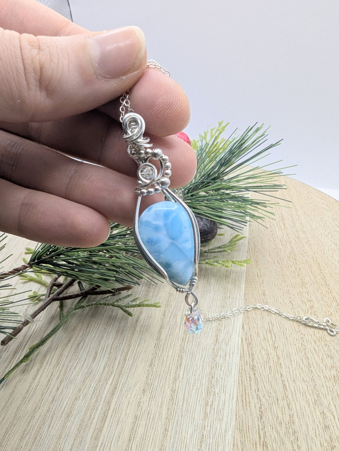 Larimar Raining Crystals Pendant - sterling silver wire wrapped