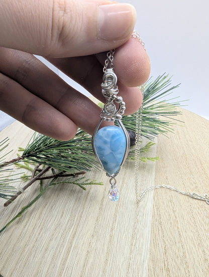 Larimar Raining Crystals Pendant - sterling silver wire wrapped