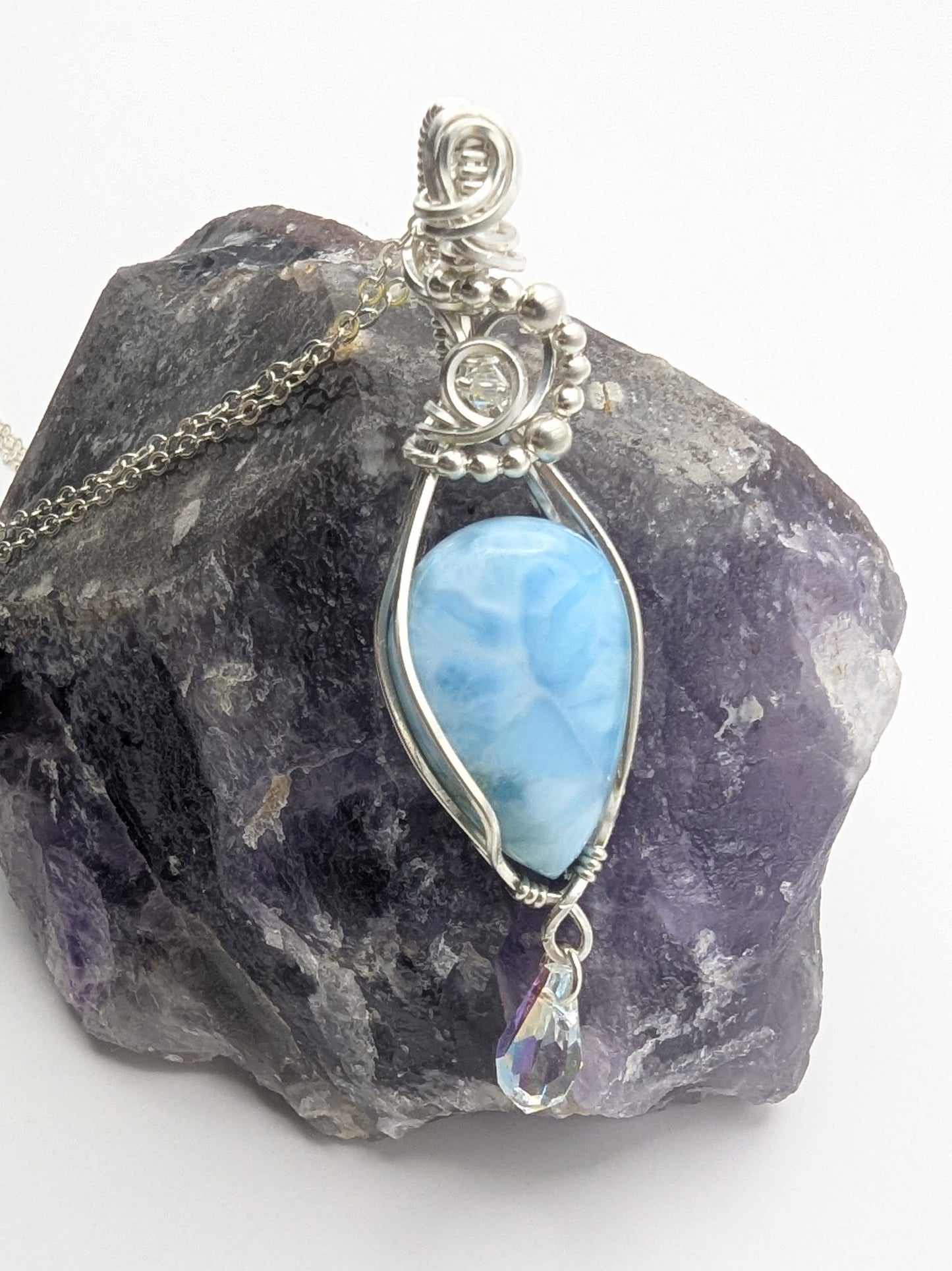 Larimar Raining Crystals Pendant - sterling silver wire wrapped