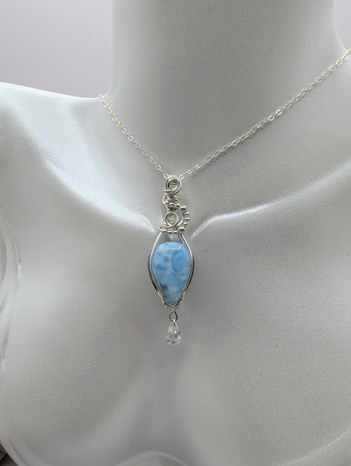 Larimar Raining Crystals Pendant - sterling silver wire wrapped