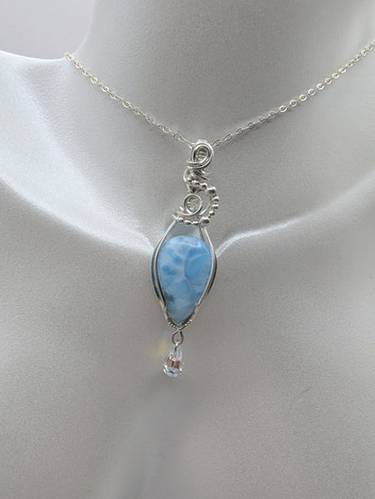 Larimar Raining Crystals Pendant - sterling silver wire wrapped