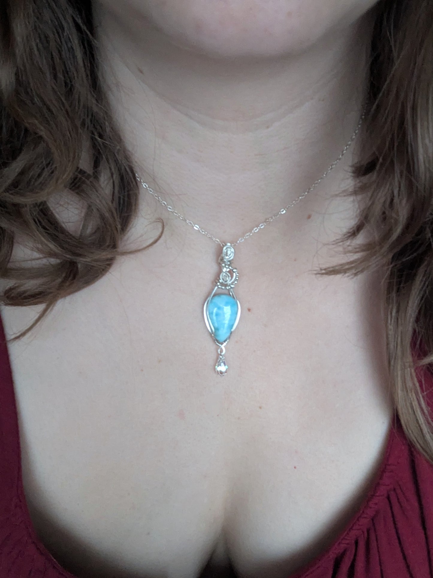 Larimar Raining Crystals Pendant - sterling silver wire wrapped