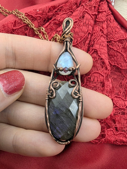 Mini Regal Radiance Pendant - moonstone and purple labradorite copper wire wrapped