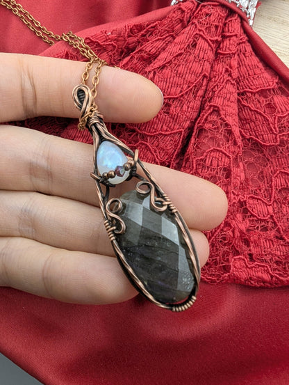 Mini Regal Radiance Pendant - moonstone and purple labradorite copper wire wrapped