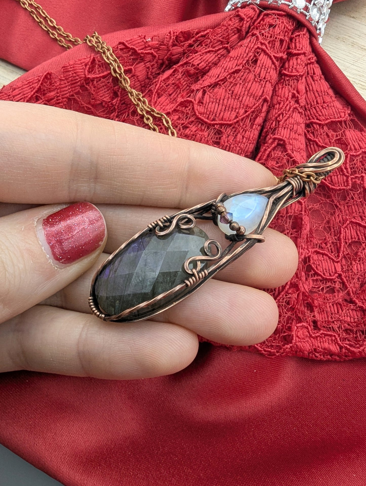 Mini Regal Radiance Pendant - moonstone and purple labradorite copper wire wrapped