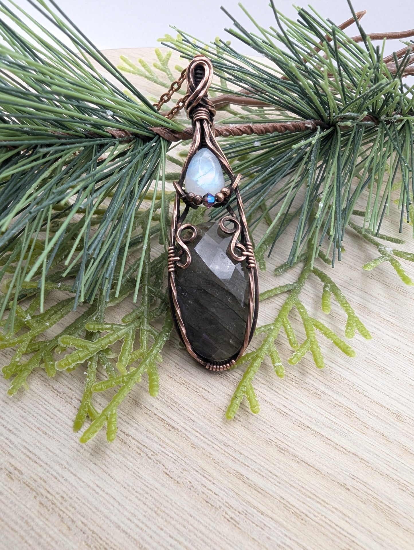 Mini Regal Radiance Pendant - moonstone and purple labradorite copper wire wrapped