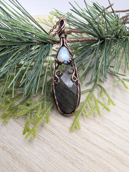 Mini Regal Radiance Pendant - moonstone and purple labradorite copper wire wrapped