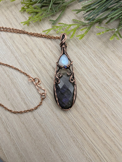 Mini Regal Radiance Pendant - moonstone and purple labradorite copper wire wrapped