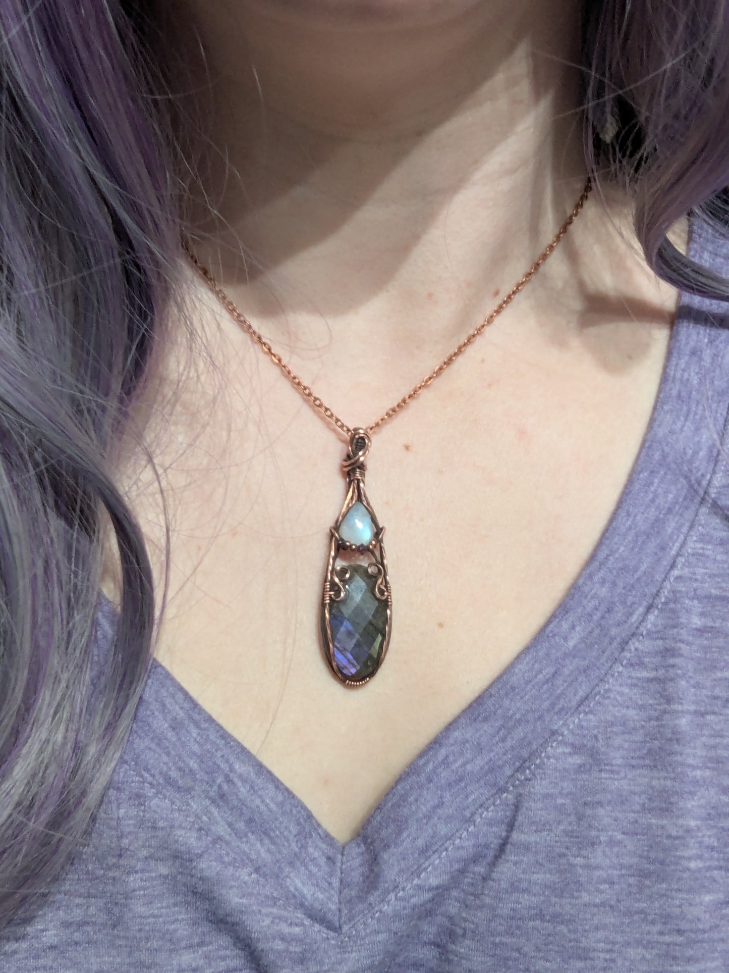 Mini Regal Radiance Pendant - moonstone and purple labradorite copper wire wrapped