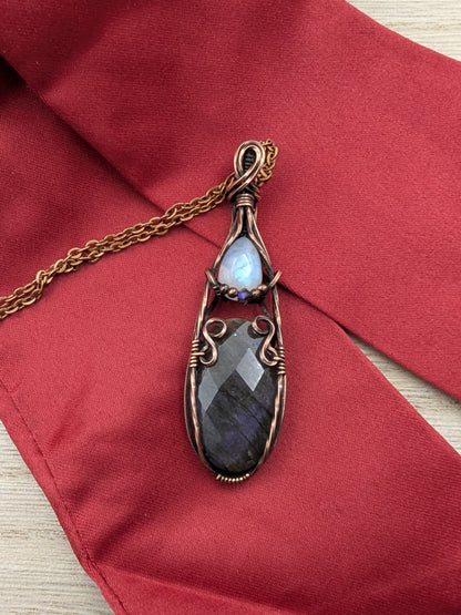 Mini Regal Radiance Pendant - moonstone and purple labradorite copper wire wrapped