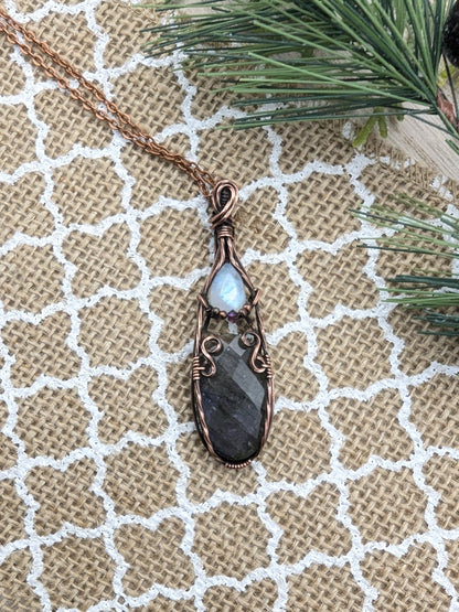 Mini Regal Radiance Pendant - moonstone and purple labradorite copper wire wrapped