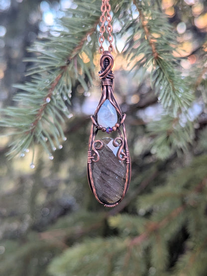 Mini Regal Radiance Pendant - moonstone and purple labradorite copper wire wrapped