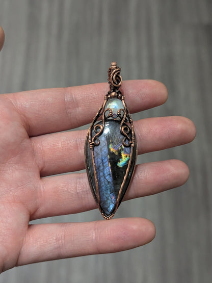 Double gemstone pendant, moonstone and labradorite copper wire wrapped