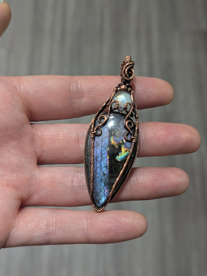 Double gemstone pendant, moonstone and labradorite copper wire wrapped