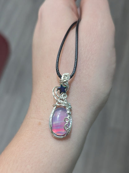 Aurora Opal Starry Pendant - Sterling Silver wire wrapped