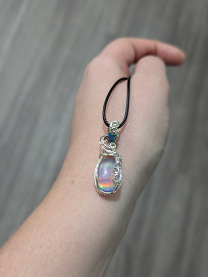 Aurora Opal Starry Pendant - Sterling Silver wire wrapped