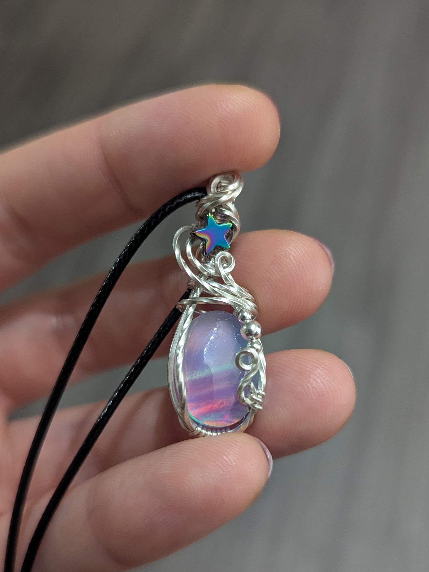 Aurora Opal Starry Pendant - Sterling Silver wire wrapped