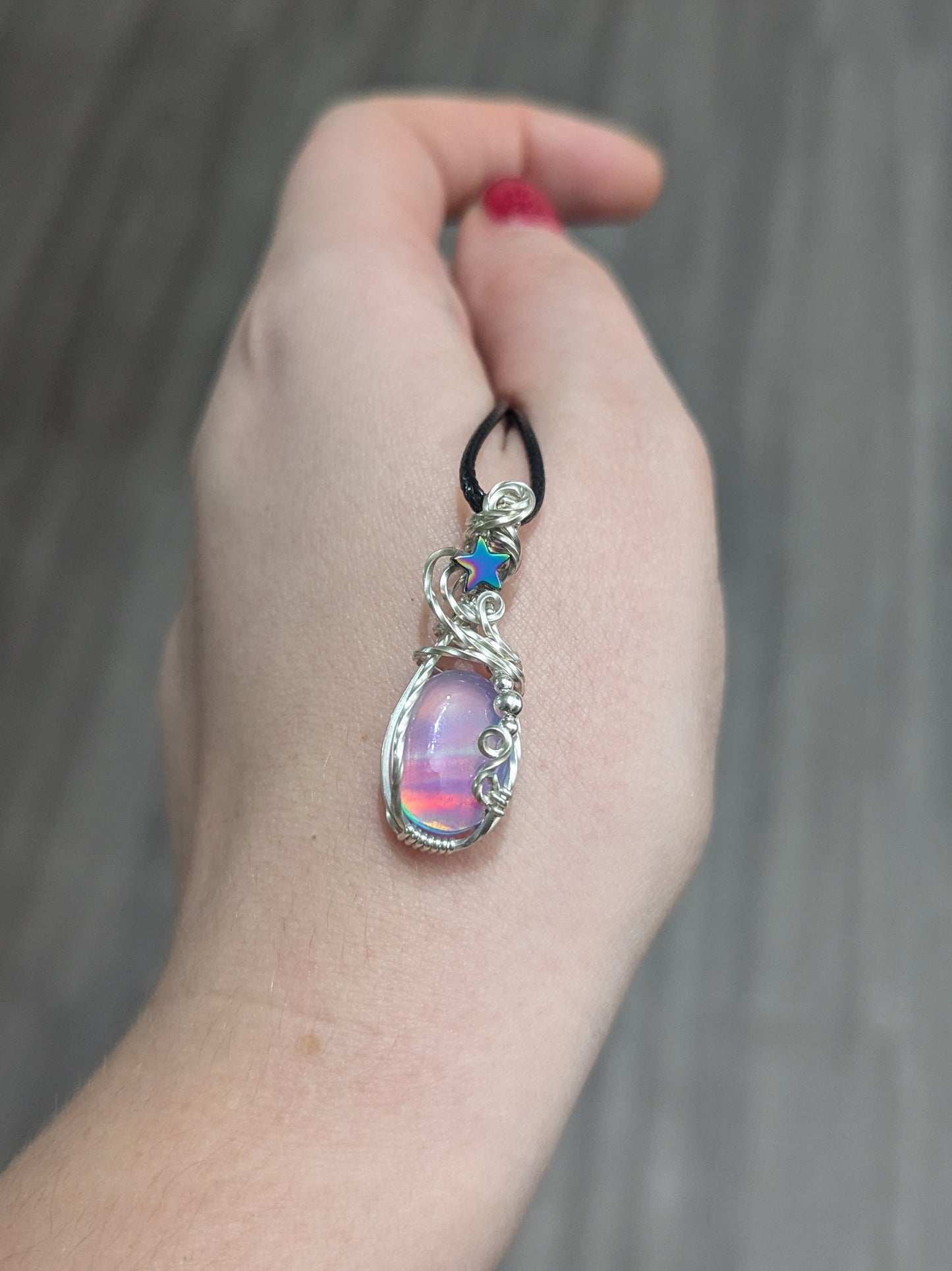 Aurora Opal Starry Pendant - Sterling Silver wire wrapped