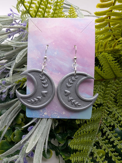 Moon earrings silver shimmer floral